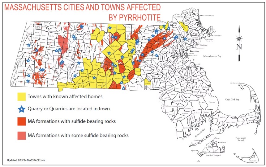 Map Pyrrhotite affected towns 2024